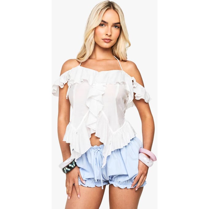 boohoo Dames Woven Ruffle Top | Wit | Maat: 38