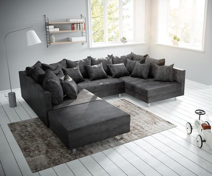 bank Clovis antraciet antieke look met hocker woonlandschap module bank