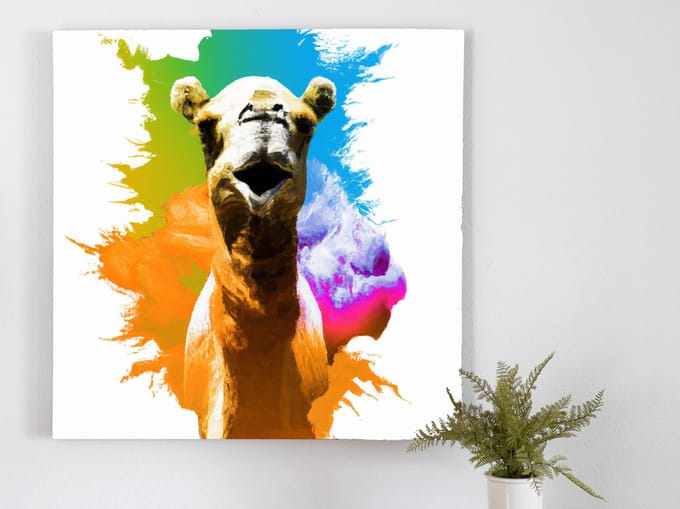 Rainbow splatter camel | Rainbow Splatter Camel | Kunst - 20x20 centimeter op Canvas | Foto op Canvas