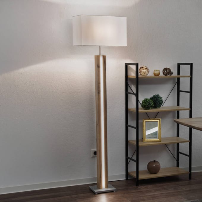 Globo Vloerlamp Forest, hout/beige, textiel, E27 + LED, dimbaar
