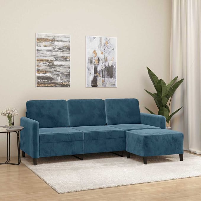 vidaXL - Driezitsbank - met - voetenbank - 180 - cm - fluweel - blauw