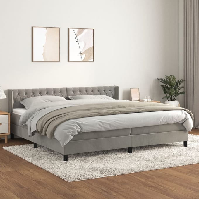 vidaXL - Boxspring - met - matras - fluweel - lichtgrijs - 200x200 - cm