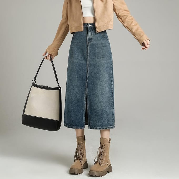 Denimrok Dames Hoge Taille Splitrok Dames Dunne A-lijn Rok XL gray