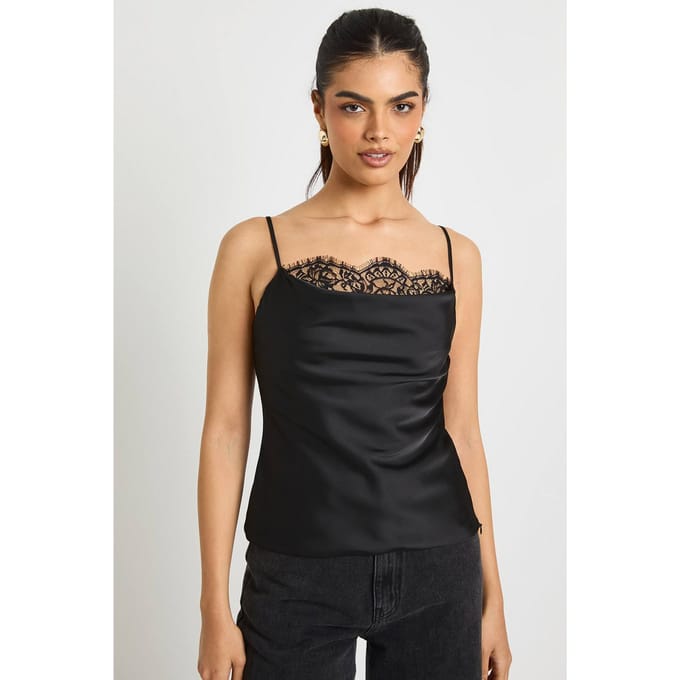 boohoo Dames Satijn Kant Cowl Cami | Black | Maat: 6