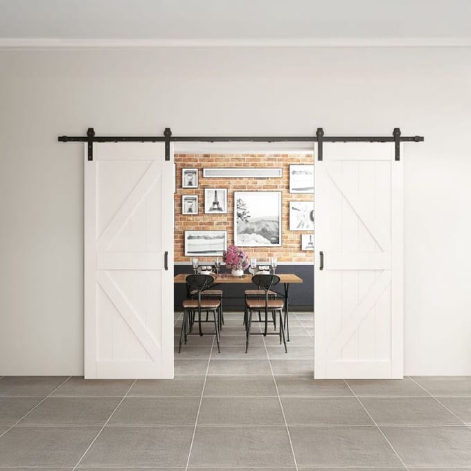 Schulte complete dubbele schuifdeur hout - 155x206 - eiken wit - open systeem zwart - Softclose