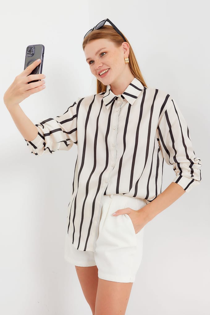 Satin Lange Mouw Knop-Up Shirt