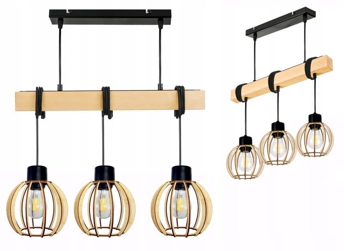 Hanglamp Hout E27 Loft Zwart/Beige 3-lichts