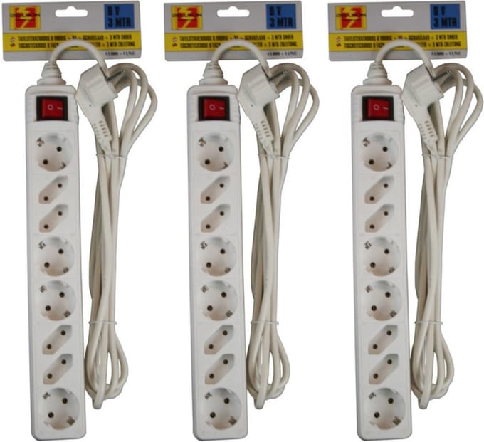 Benson stekkerdoos - 3x - 8-voudig - wit - 3m - 4 platte en 4 ronde stekker