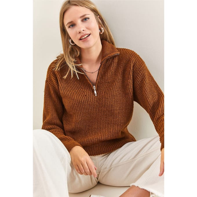 Oversized Textuurtrui met Ritskraag