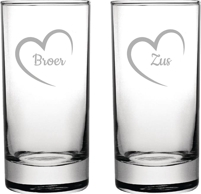 Gegraveerde longdrinkglas 28,5cl Broer met hartje & Zus met hartje