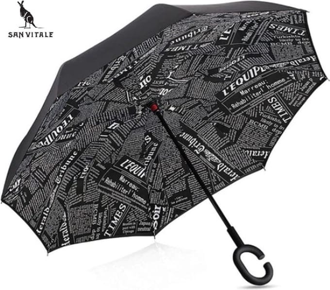 San Vitale® - Unieke reversible Windproof Paraplu - Paraplu opvouwbaar - Paraplu's - Krant Zwart