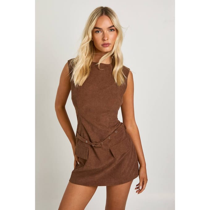 boohoo Dames Minijurk van corduroy met capmouwen | Chocoladebruin | Maat: 44