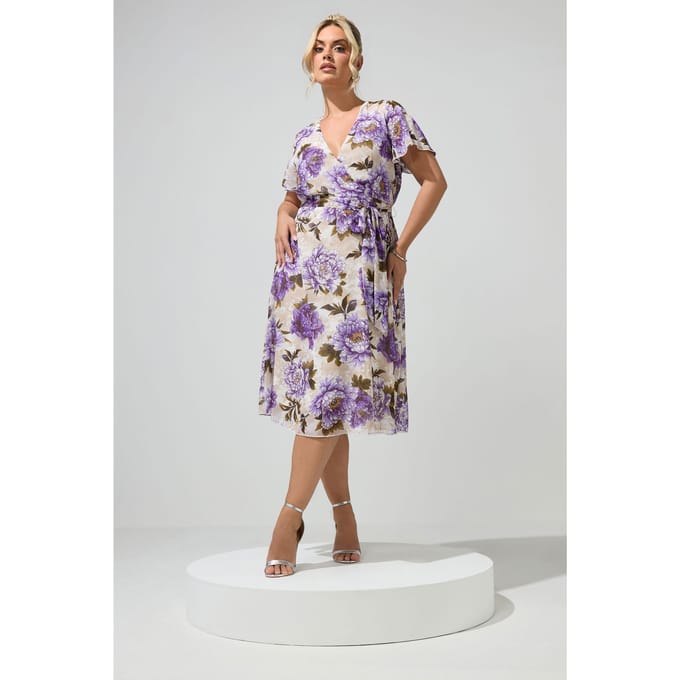 Yours London Witte En Paarse Wikkeljurk Met Bloemen Size 52
