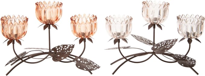 J-Line theelichthouder Bloem - ijzer/glas - lichtroze/oranje - large - set van 2