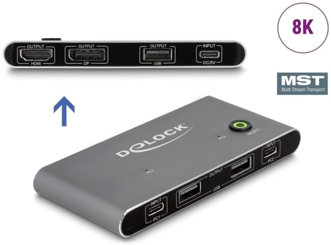 Delock USB-C™ KVM Switch to HDMI and DisplayPort 8K MST with USB 2.0