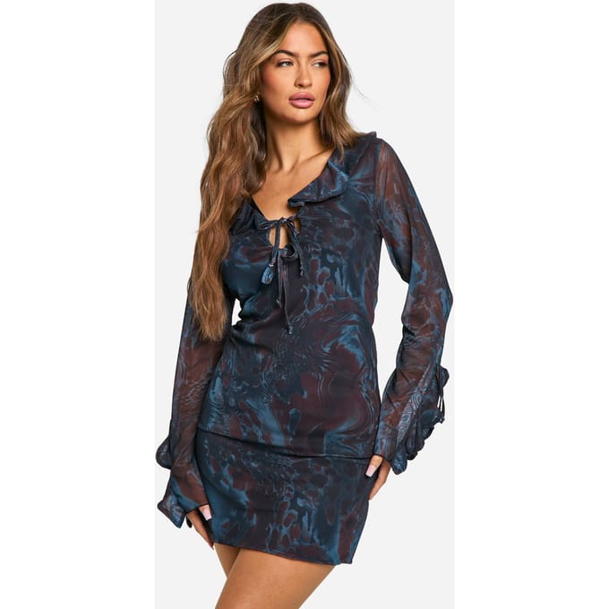 boohoo Dames Ruffle Printed Mesh Mini Dress | Blauw | Maat: 36