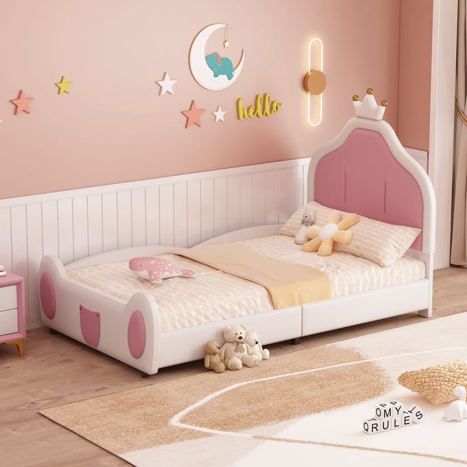 Kinderbed - 90x200 cm - Sierlijk Patchwork Design - Kindvriendelijk Hoofdbord - Kunstleer - Wit