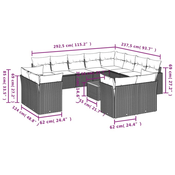vidaXL - 13-delige - Loungeset - met - kussens - poly - rattan - beige