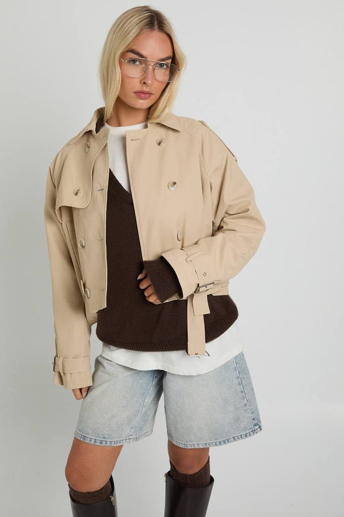 boohoo Dames Gordelde korte trench | Steen | Maat: 42