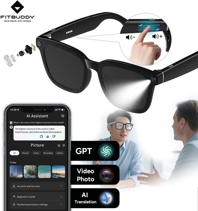 Fitbuddy AI Smart Glasses – Slimme Bluetooth Zonnebril met AI Beeldherkenning, Vertaalfunctie, Speakers & Microfoon – Touchbediening – iOS/Android – Zwart