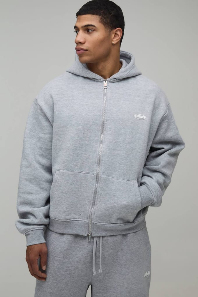 Oversized Boxy Heren Sport Trainingspak met Capuchon en Rits en Wijde Pijpen | Grey Marl | Size Medium