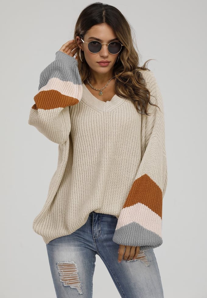 Gestreepte trui in beige, perzikroze en camel