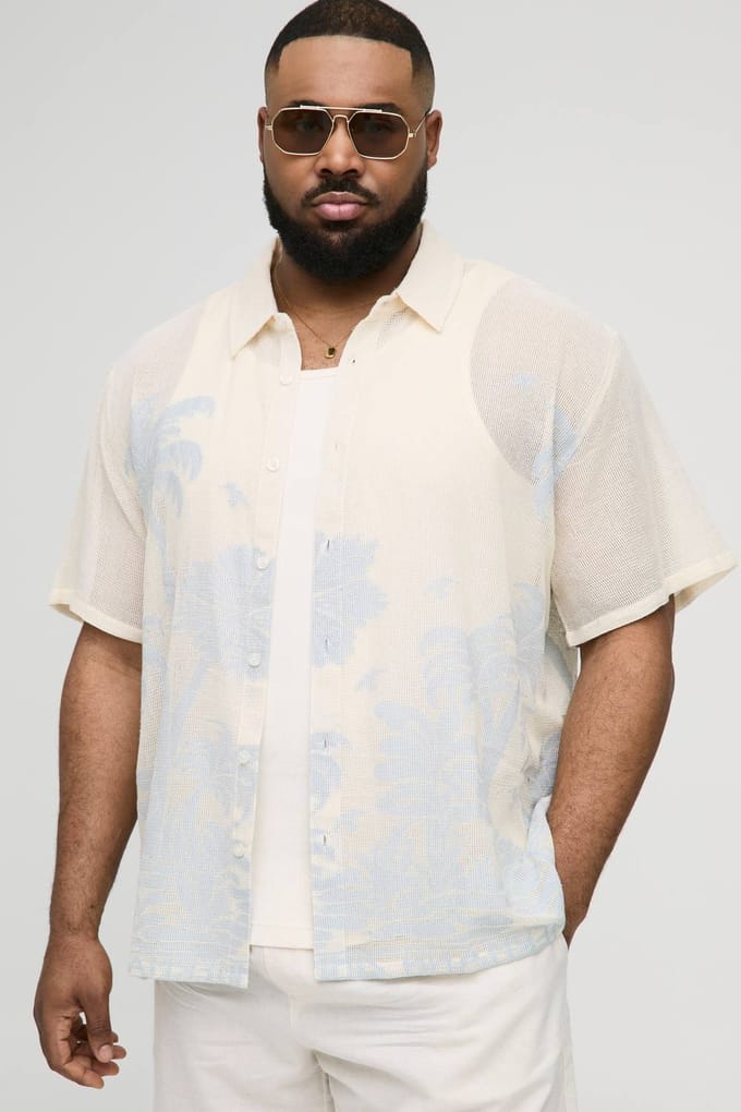 Plus Oversized Gehaakt Palmboom Jacquard Overhemd | Light Blue | Size 2XL