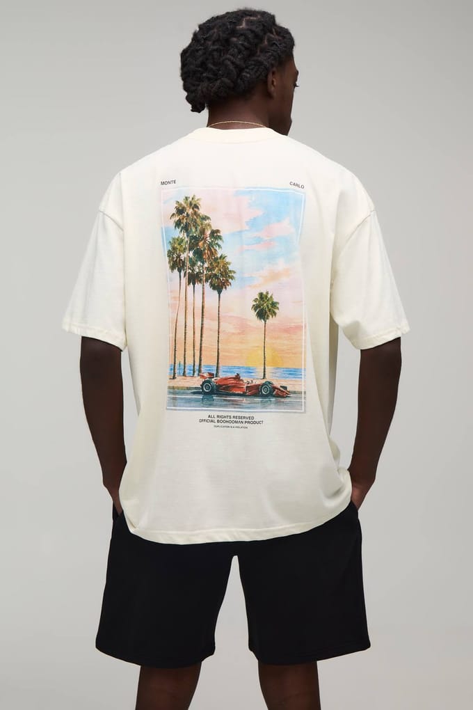 Oversized T-shirt & Short Set Met Verlengde Hals En Sportwagen Palmboom Print | Ecru | Size Medium
