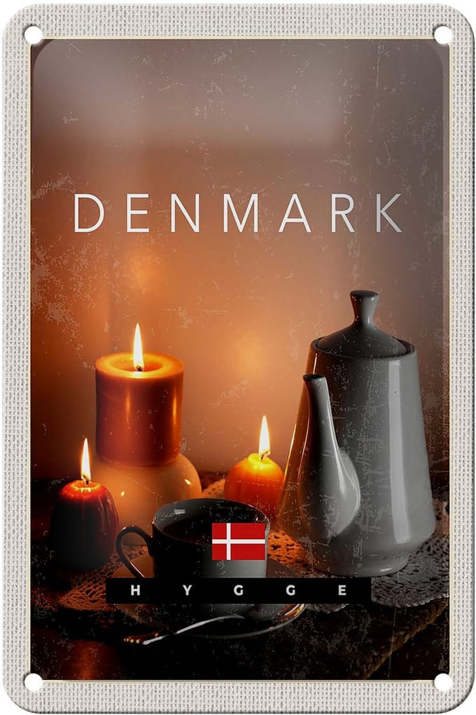 Blechschild Reise 12x18cm Dänemark Teekanne Kerzen Tischdecke Schild