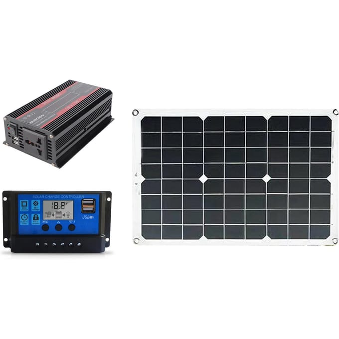 Zonnestroomsysteem Complete Kit Huis 20W Paneel 30A Controller 300W Omvormer 12V?220V Dubbele USB LCD black