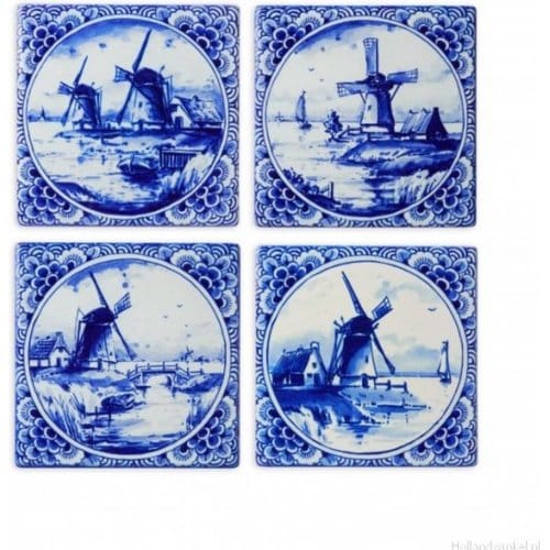 Heinen Delfts Blauw - Onderzetters 'Molens' (Set van 4)