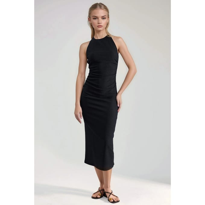 Gestructureerde Midi Bodycon Jurk met Halterkraag