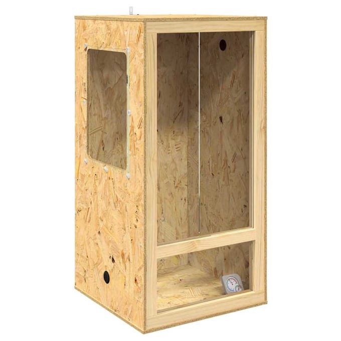 Le terrarium marron mesure 50 x 50 x 100 cm et est fabriqué en panneau OSB.