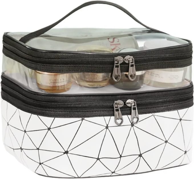 Toilettas - Make Up Tas Geometric Wit | Kunstleer / Polyester | 23,5 x 16,5 x 14 cm