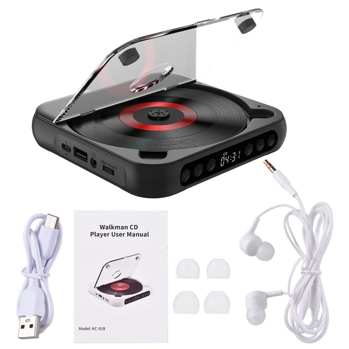 CD-speler Draagbare BT-muziekspeler CD-speler met stofdichte hoes 6 modi AB-herhalingstimer Afstandsbediening wit