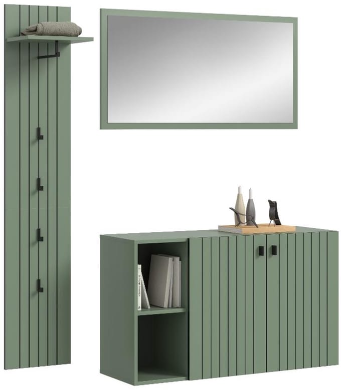 Station garderobe opstelling stoffig groen.