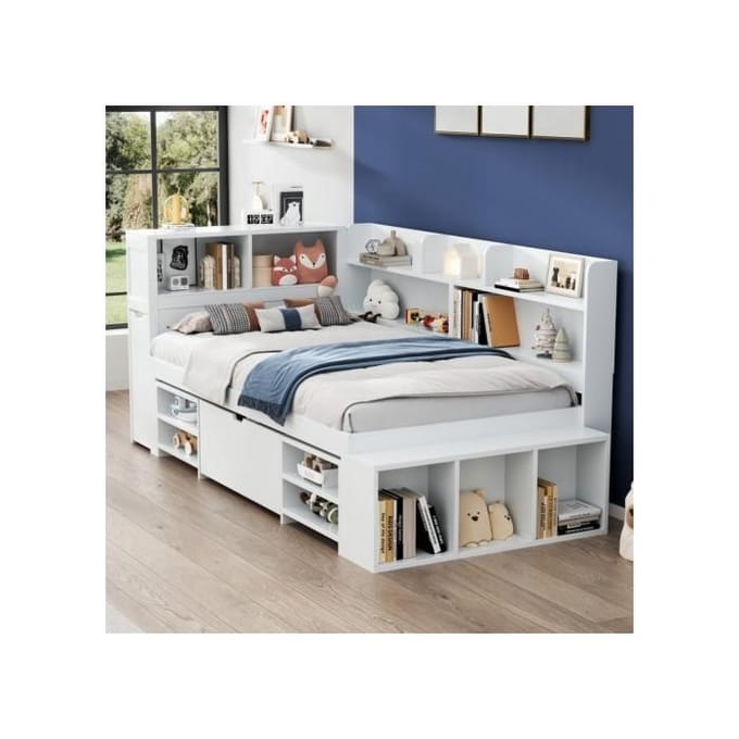 Lit simple - MUVOE - 90x200 cm - Blanc - Multifonctionnel - Avec tiroirs blanc