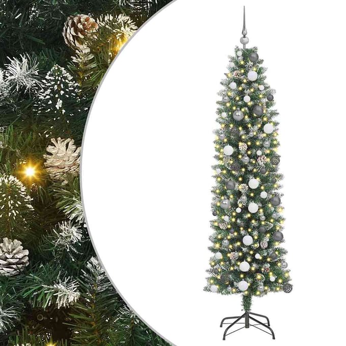 vidaXL Kunstmatige slanke kerstboom Groen en Wit 210 cm