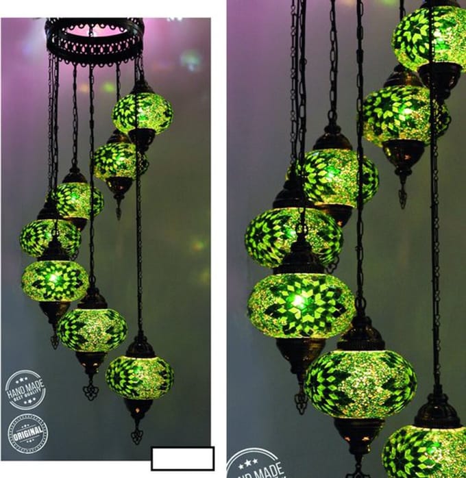 Turkse Lamp - Hanglamp - Mozaïek Lamp - 7 bollen - Groen - Authentiek handgemaakt design