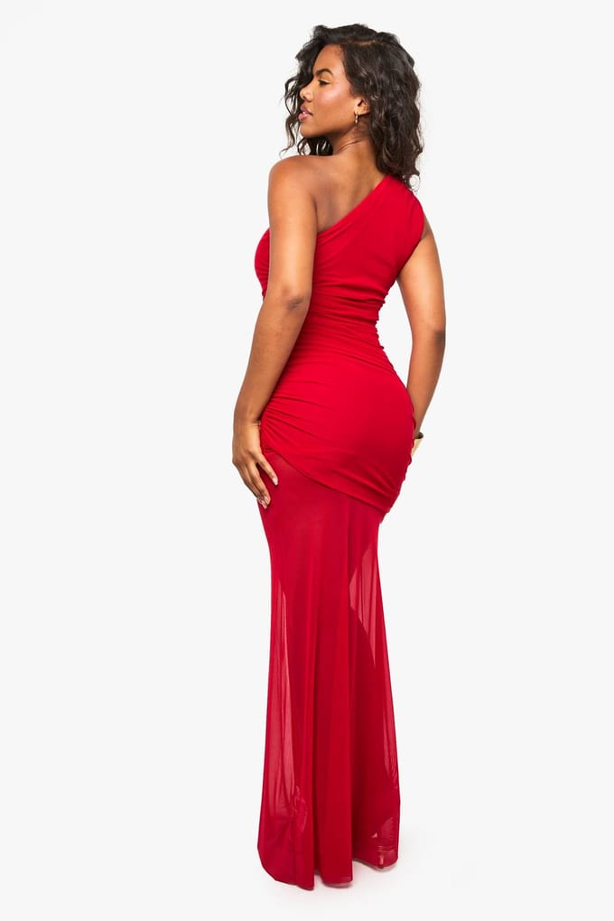 boohoo Dames Éen-schouder geruichte gaas maxi-jurk | Red | Maat: 16