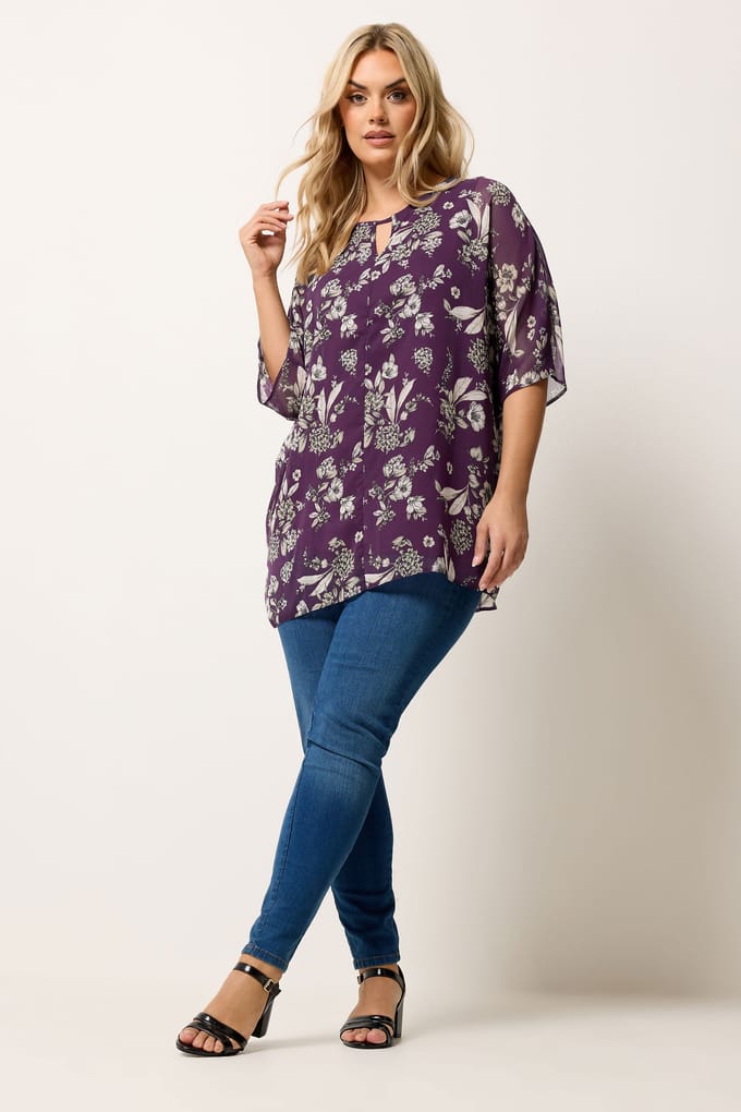 Yours Paarse Top Met Bloemenprint En Keyholedetail Size 48