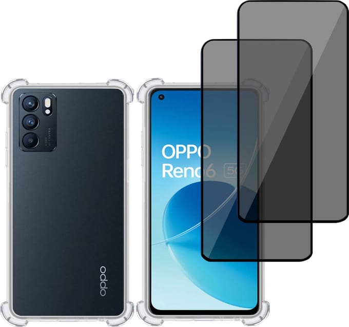 Hoesje + 2x Privé Screenprotector geschikt voor OPPO Reno 6 – Privacy Tempered Glass - Case Transparant