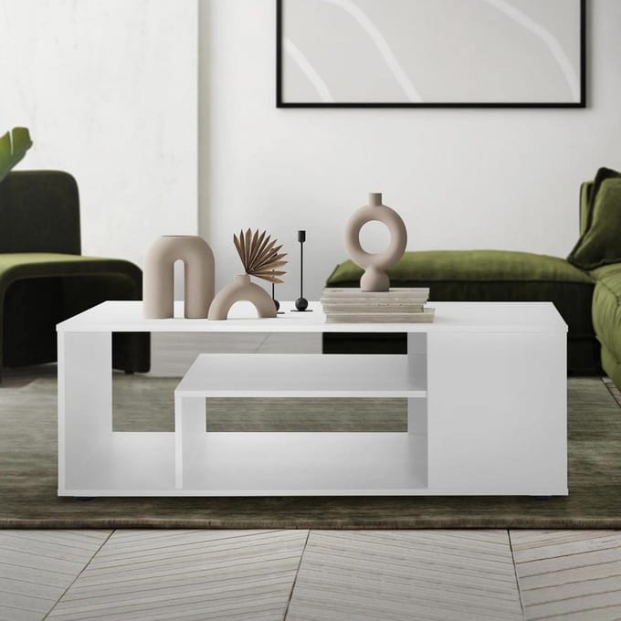 Moderne Witte Salontafel 110x50cm met Vier Opbergplanken