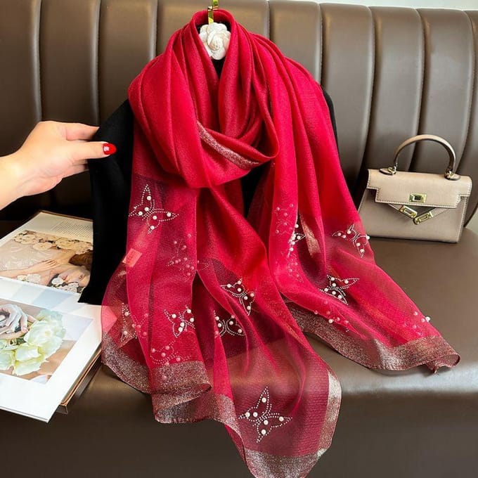 Écharpe Papillon Tendance, Polyvalente pour le Printemps et l'Automne, Longue Écharpe Décorative Perlée Faite Main black