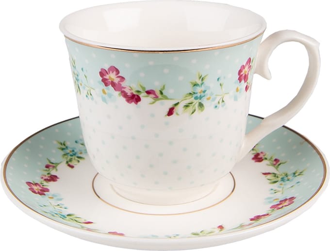 Clayre & Eef Kop en Schotel 250 ml Wit Groen Porselein Bloemen