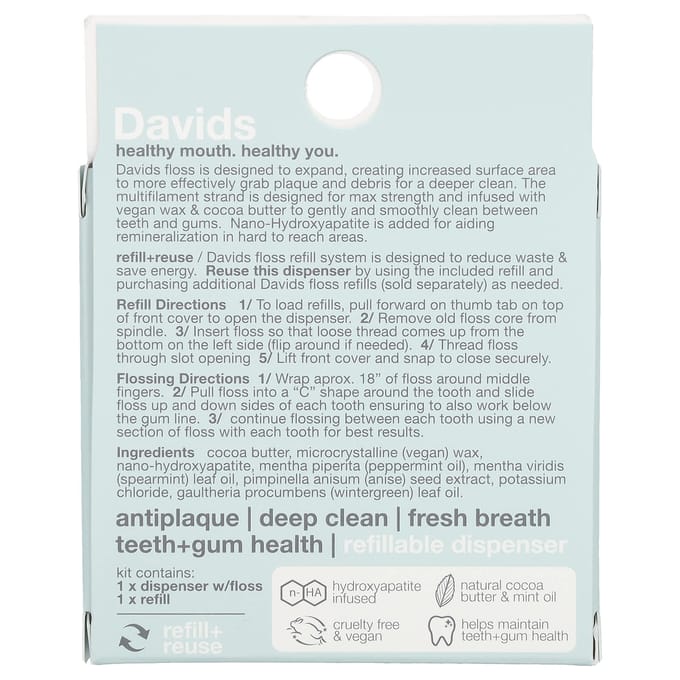 Davids, Système de recharge de fil dentaire extensible + Recharges, Menthe, Lot de 2 white