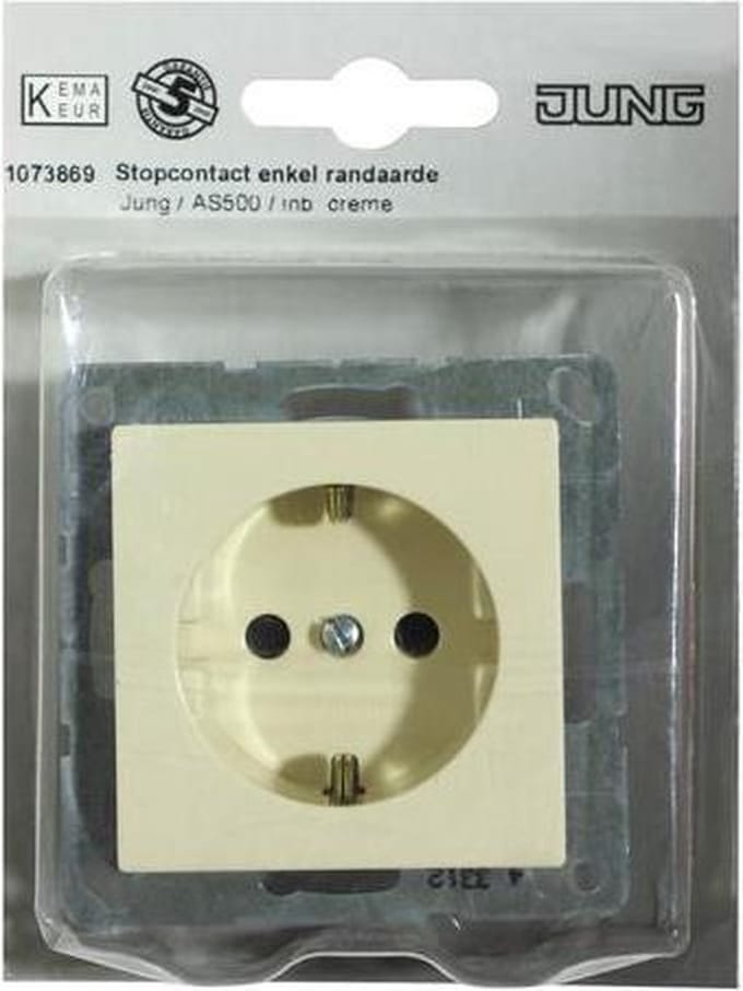 Jung AS500 wandcontactdoos enkel inbouw met randaarde crème