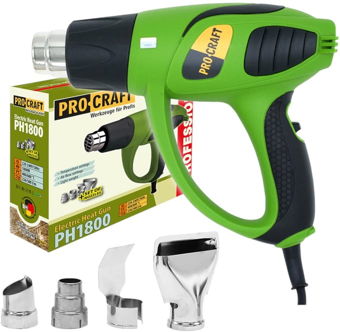 Procraft PH1800 heteluchtpistool 1800 watt 400 - 600 °C + 4x mondstuk
