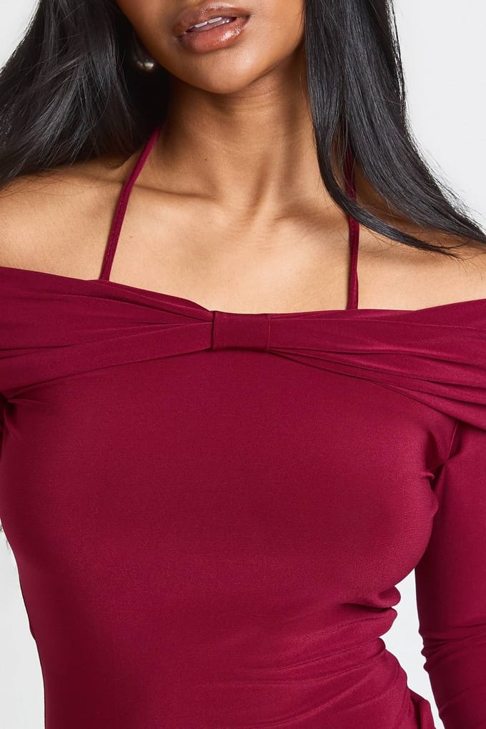 boohoo Dames Slinky Strik Bardot Detail Top | Wijn | Maat: 42