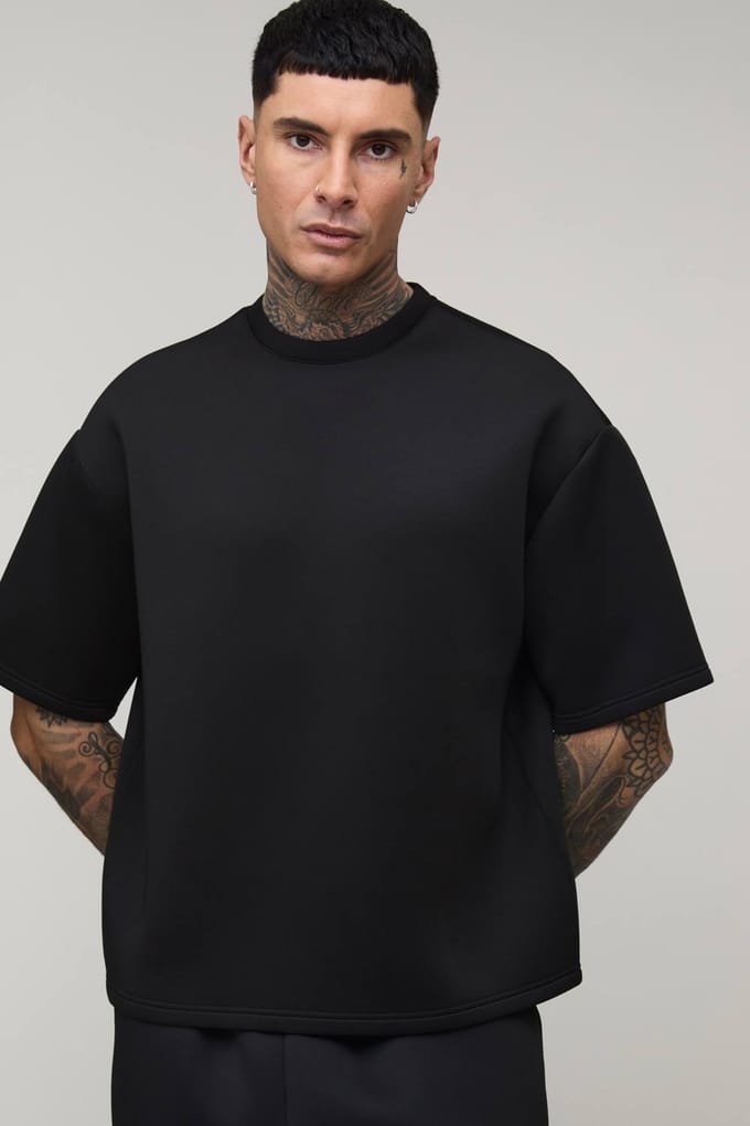 Tall Oversized Boxy Bonded Scuba T-Shirt | Black | Size Medium